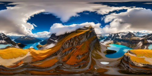 A picturesque, breathtaking alpine landscape of snow-capped peaks, crystal clear glacial lakes reflecting the vibrant colors of autumn, misty valleys below, dramatic cloud cover casting dynamic shadows, ultra high-resolution, flawless masterpiece.