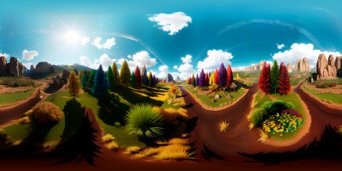 VR360 ultra-high resolution, sky valley masterpiece, brilliant iridescent cloud movement. Emerald grass sway, ethereal wind touches. Surrealistic sun radiance, dynamic shadow play. Impeccable quality, vibrant hues, surreal art style. Immersive VR360 canvas, sublime, rich detailing.