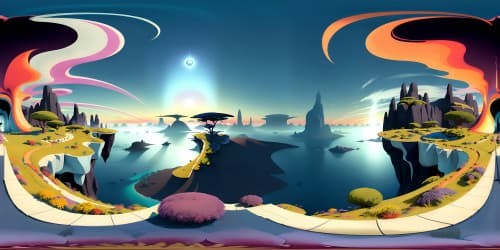 Masterpiece quality VR360 scene, ultra high-resolution, embodying hope. Ethereal skies at dawn, radiant hues from sunrise, cascading light effects. Minimalistic landscape, serene ambiance. Aesthetics inspired by digital painting.