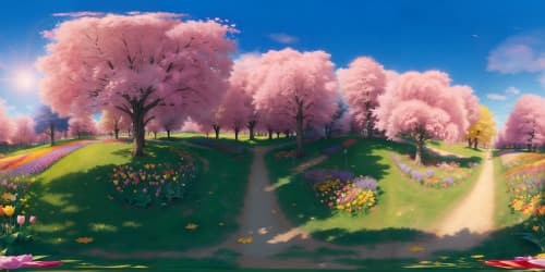 endless field of purple pink blue and orange tulips and autumn trees sunset on the horizon skyview