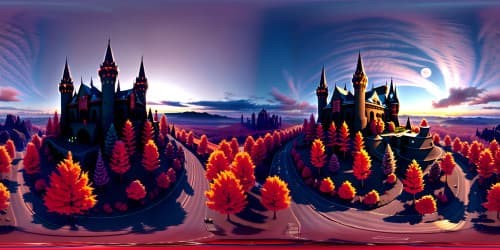 VR360 gothic castle, stone towers dominance, fortress silhouette in dusk sky. Moonlight shadows, ultra high-res textures, chiaroscuro effects. VR360 grandeur, Pixar-style details, fantasy masterpiece resonance.