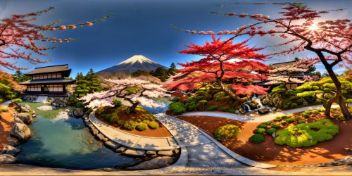 A stunning, flawlessly detailed view of a traditional Japanese garden in peak cherry blossom season, serene koi pond, elegant arched bridges, vibrant red maple trees, distant snow-capped Mount Fuji under a clear, sunlit sky.