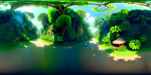 Masterpiece quality, ultra-high resolution, VR360 view, tropical rainforest skyline, lush canopy, Amazon River mirrored in sky, VR360 tropical palette, vibrant hues of green and blue