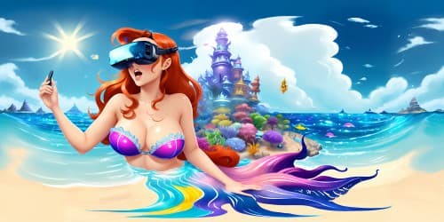 Ariel the mermaid swimming in the sea, with her head above water, cute