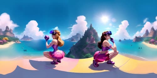 pink disney princesses wearing tiaras, squatting, arms behind head