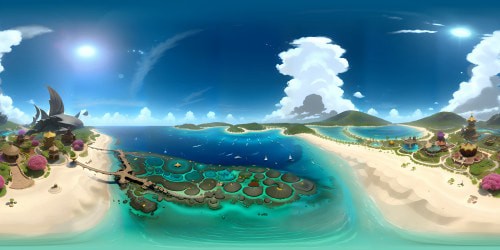 Great Barrier Reef VR360, Australia’s coastal beauty, pristine beach, sparkling azure ocean. Ultra-high resolution masterpiece, VR360 panoramic view, sun-dappled sands. Coral reef glimpses, tropical foliage border, vibrant underwater shadows. Pixar-style gradients, soft pastel tones.