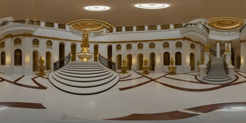 VR360 perspective, Scarface-inspired mansion, opulent grand hallway, Pixar-style brilliance. Dual spiral staircases, grandeur in ascension, VR360 encapsulating view. Pristine white fountain, edged in gold, VR360 eye-catcher. Exquisite white marble, imposing regal love seat, captivating cinema experience. Classical Roman god statues, dispersed gloriously, enhancing majesty. Ultra high-res masterpiece, VR360 ostentation, Pixar-style finesse.