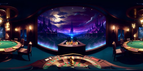 VR360 scene: Luxurious poker table, high-stakes chips, shimmering gold accents, intricate card designs, extravagant Tai ball. Style: Ultra-high resolution, meticulous detailing, masterpiece quality. Optimal for VR360 immersion in a high-stakes gamble ambiance.