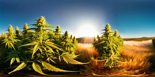 Endless expanse of a meticulously tended cannabis plantation basking under the radiant golden rays of the morning sun, lush emerald leaves sparkling with ethereal morning dew, intricate trichomes shimmering like diamonds under the flawless sky, a breathtaking masterpiece captured in ultra-high resolution.