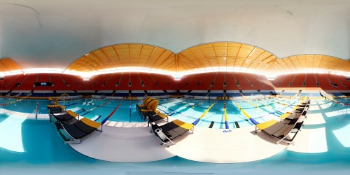 Ultra-high res VR360 view, masterpiece auburn swim and dive pool, glossy azure water. VR360 grandstands brimming, varying shades of packed seats. Subtle shadows, Pixar-style realism, amplified stadium energy.