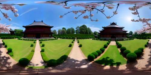 Ancient Chinese dynasty palace, VR360 view of intricately carved jade dragons, blossoming cherry trees. High-res anime style, ornate lacquer furniture, elaborate silk tapestries. Masterpiece quality, floating lanterns, VR360 panoramic twilight sky.