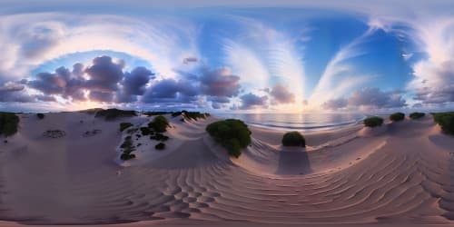 VR360 masterpiece scene, radiant sunset over untouched ocean, endless horizon, cotton cloud formations. Top-tier, ultra-high-resolution, painterly style. Sky dominating the scene, sparing foreground, subtle, sandy beach. Sleek, immersive VR360, visual feast.