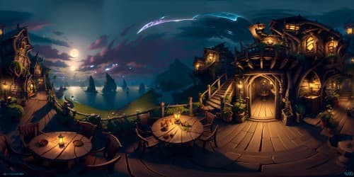 Ultra high-res, VR360 pirate tavern, Sea of Thieves style, weathered wood, mossy cobblestone, glowing lanterns, misty sea view. Escape to VR360 third-story lookout, sunset over endless ocean. Masterpiece, best quality.