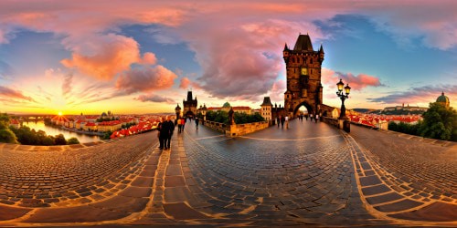 A flawless, ultra-high-resolution depiction of the Charles Bridge in Prague, Czech Republic, at sunset, boasting intricate gothic architecture, a gleaming Vltava river, romantic old street lamps casting warm golden tones, flawless reflections, and intricate cobblestones laid under an amber sky, creating a true masterpiece of intricate beauty.