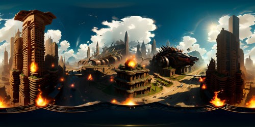 VR360 concept: colossal, marauding turkey effigies, world in disarray. Chunks of crumbling skyscrapers, fiery meteors streaking sky, apocalyptic hues. Art style: ultra high-res, dramatic chiaroscuro, immaculate detail, visual grandeur worthy of a masterpiece in VR360.