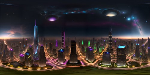 VR360 cityscape, ultra HD quality, architectural mastery. Skyscrapers bejeweled in neon, reflections dancing. Overhead, night sky, galaxies scattered, ultra high-resolution render. Hyper-realism style, plush cosmic canvas. VR360 skyline panorama, intricate urban spectacle, shimmering against darkness.