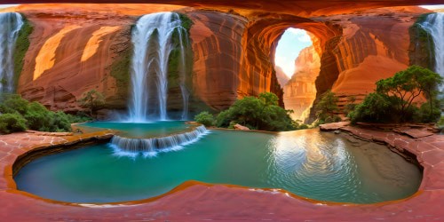 An ancient mythical city carved into colossal red sandstone cliffs, intricate architecture bathed in golden sunlight, majestic waterfalls cascading into emerald pools, vibrant market stalls bustling with life, with every minuscule detail captured in flawless, ultra high-resolution perfection.