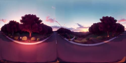 VR360 vintage convertible, cherry red hues, gleaming under twilight sky. Ultra high-res fantasy style. Star-speckled heavens, ethereal luminescence. VR360 perspective, horizon-stretched road.