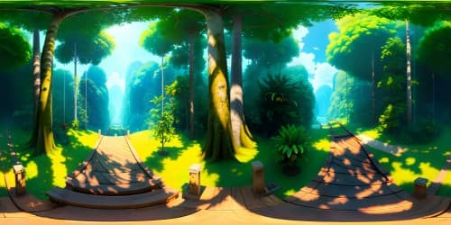 Masterpiece quality, ultra-high resolution, VR360 view, tropical rainforest skyline, lush canopy, Amazon River mirrored in sky, VR360 tropical palette, vibrant hues of green and blue