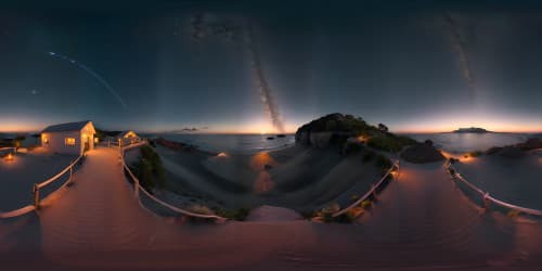 VR360 masterpiece, ultra high-quality, 1am starlit sky, tranquil beach scene, palm tree silhouettes framing view, twinkling constellations, Milky Way streak, depth, clarity. very dark