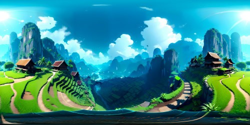 Ultra-high resolution, countryside Thailand, terraced rice paddies. Tropical palm trees, majestic mountains, a lone fisherman silhouette. Boat bobbing, net mid-cast. Dazzling color palette, intricate details. Digital painting style, vivid VR360 masterpiece. Breathtaking VR360 perspective, lush, immersive, masterpiece, best quality.