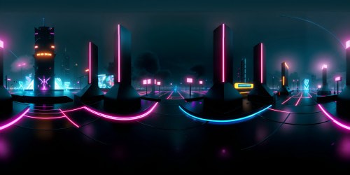 VR360, luminescent neon hues, digital rain, towering arcologies. Second VR360 perspective, multi-level dance platforms, holographic dancers mid-performance. Cyberpunk art style, ultra high-res masterpiece, bold contrast, layered depth, detailed grit, enchanting vibrance.