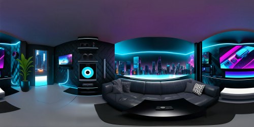 VR360, Pixar-style detailing, ultra high-res cyberpunk living room, neon highlights, holographic influences. Plush couch, high-contrast textures, TV wall view: hypnotic patterns. VR360 shadows, reflections interplay, luminescent skyscrapers, panoramic window views. Bold colour palette, masterfully crafted.