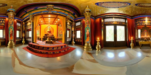 Within a pristine Tibetan temple, intricate tapestries and ornate statues adorn the sacred chamber, illuminated by flickering butter lamps, casting a warm golden glow on ancient frescoes and polished marble floors, capturing the essence of divine tranquility in flawless detail.