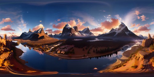 VR360 scene: Dragon silhouette on twilight-tinged peak, ultra high-resolution textures, masterpiece lighting effects. VR360 view: golden sunset hues, expansive cloud tapestry, mountain majesty. Style: hyper-realistic, high contrast, dynamic shadows.