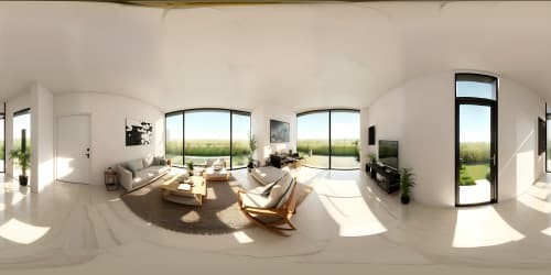 Ultra-high resolution VR360, Zen-inspired living room masterpiece, quality furnishings, minimalist aesthetics, calming pastel tones, natural light ambience, bamboo, stone details, in 2024 style. Zen-inspired VR360 scene, delicate watercolor technique for tranquil atmosphere.