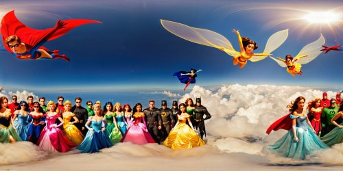 A breathtaking, flawless ultra-high-resolution panorama of super heroes and Disney princesses soaring gracefully through a vibrant, ethereal sky, merging harmoniously in a symphony of magic and color, creating a whimsical masterpiece of flight.