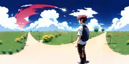 VR360, ultra-high resolution, masterpiece quality, stunning red and blue hair details, hands intertwined, showcasing a bond. VR360 scene emphasizing vivid shades, low foreground elements, wide sky expanse.