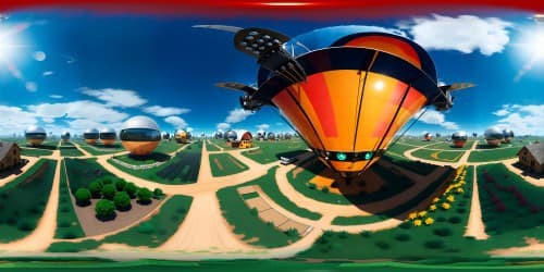 VR360 masterpiece, solar punk-meets-medieval village hybrid, quaint hilltop positioning. Fields of solar panels, sun soaked, ultra-realistic. Whimsical eco-airships, unique blimp designs in afternoon sky. Minimalistic eco-homes, foreground, focus on solar punk aesthetics. VR360 ultra-high-resolution windmills, vibrant, exuding energy. Extraordinary detailed, ultra-realistic style.