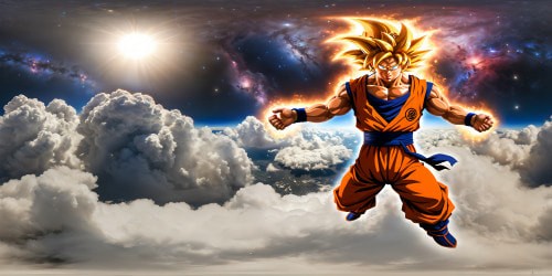 An iconic, flawless depiction of Goku in a dynamic battle stance, rippling energy aura, vibrant golden hair, intense power emanating, against a backdrop of cosmic stars and celestial explosions. Ultra high-res, capturing every intricate detail, a true masterpiece in digital art.