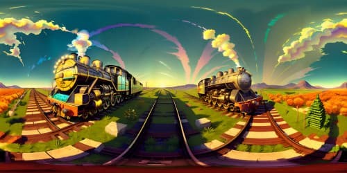 Vintage locomotive, wisps of steam, polished brass details. Iron rails receding into horizon, ivy-draped stone arch bridges, serene rolling countryside. Evening sky, low-hanging orange sun, watercolor-streaked clouds. VR360 wonder, anime style. Directed light, pronounced contrasts, glossy textures.