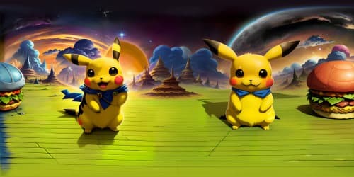 Anime style, energetic Pikachu, fluff-enhanced, cheeseburger-clutching detail. VR360 sky-view, celestial picnic theme, vibrant, high-res cloudscape. Optimal quality, VR360 masterpiece, oversized food elements. Pikachu-inspired heavens, cheeseburger constellation, ultra-high resolution.