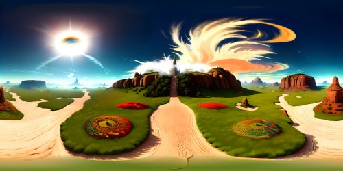 Majestic eagle, feather detail, sky-high perspective. Golden sunbeams, fluffy cloud backdrop, expansive VR360 vista. Mesmerizing skyline, vivid colors, sunset hued. Ultra HD, sublime aesthetic, VR360 panorama. Masterpiece quality, digital painting style.