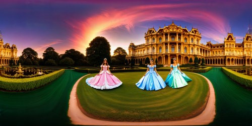 A fantastical realm featuring enchanting princesses with ample curves, adorned in ornate attire, elegantly bent over in perfect symmetry, set against a backdrop of opulent palaces and lush gardens, rendered in flawless 8K ultra high resolution, an exquisite masterpiece of artistic allure.