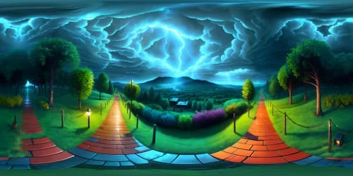 Masterpiece quality VR360, ultra high-res. Stormy sky, deluge of rain, dark night. Tree canopy panorama, hillside forest, swept in rain. Immersive VR360 view, great expanse of overridden night sky.