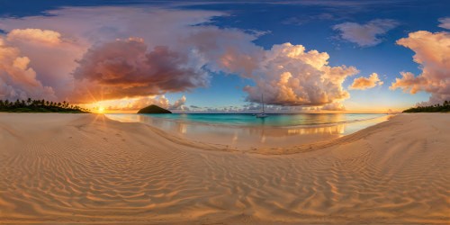 A flawless, ultra-high resolution masterpiece capturing a breathtaking sunrise at a secluded, pristine beach, with pastel-hued skies reflecting on crystal-clear waters, flawless golden sand, a scattering of delicate seashells, and distant sailboats silhouetted against the horizon.