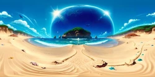 Pristine VR360 view, immaculate resolution, artistic triumph. Dazzling sandy expanse, glimmering ocean waves, radiant sun, three distinct, abstract male forms, unobstructed horizon view, Pixar-style crispness.