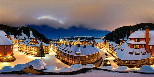 Majestic Christmas townscape adorned with snow-dusted rooftops, shimmering icicle lights, towering evergreens, glowing windows, cobblestone streets, flawless winter wonderland captured in ultra high resolution perfection.