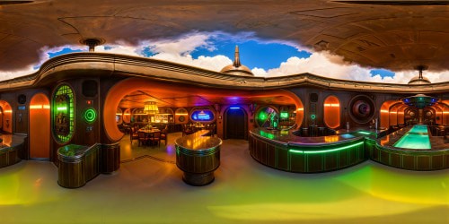 Inside the Mos Eisley Cantina, a perfect blend of exotic alien architecture, flickering holograms, smoky atmosphere, shimmering bar fixtures, and creaking cantina doors under glowing neon hues, creating an iconic and highly detailed sci-fi ambiance in brilliant ultra high resolution.