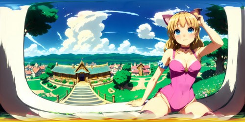 VR360 perspective, princesses adorned in pink leotards, golden hoop earrings highlighting radiant personalities, red lip gloss, alluring vibrancy. Blonde heads, VR360 view, one pair of captivating blue eyes. Elegantly squatting postures, subtle charm of cat ears. Digital art style, paramount details, masterpiece rendering, ultra high-resolution textures.