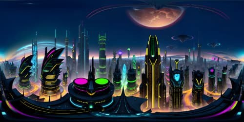 Ultra-high resolution VR360, 2023 metropolis skyline panorama. Masterpiece-level quality, futuristic cityscape, cutting-edge architecture, neon city lights. Style: Blend of photorealism and cyberpunk aesthetics.