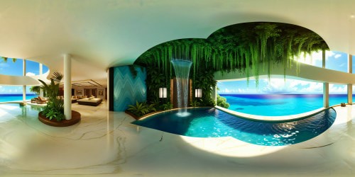 A flawlessly designed futuristic living space within a modern mansion, all white marble adorned with lush green plants, open ceiling with full view of sky, expansive windows offering a serene water garden with small cascading waterfalls, all under a vibrant aqua blue sky overlooking a tropical beach.