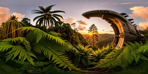 In a vast prehistoric jungle, a futuristic spaceship lies in ruins amidst towering ferns and ancient trees, its shattered metal reflecting the radiant sunset, ultra-high-resolution textures revealing intricate details, a cinematic marvel captured in flawless perfection.