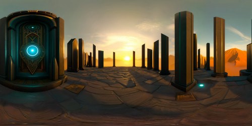 Yu-Gi-Oh inspired VR360 vista, battlefield for mythical duels, "Shadow Realm". Surreal, fantasy art style. Enigmatic stone pillars, arcane symbols glowing. Sky pulsating with ethereal energies, stardust swirling, galaxies suspended mid-air. Grandeur, majesty, mystery. Pristine ultra-high-resolution, meticulous detailing. Masterpiece in VR360, an ethereal spectacle.