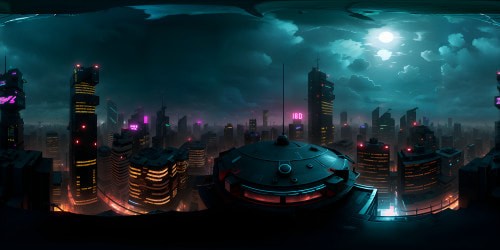 View from a rooftop over a gritty cyberpunk city