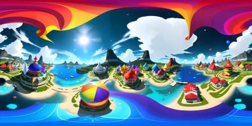 VR360 panorama, Paper Mario universe elements, floating platforms, winding colorful paths, origami sculptures in sky, vivid Paper Mario style, ultra high-resolution, stunning digital detailing